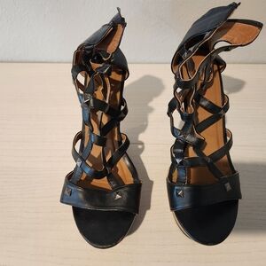 Size 9 Black Sandal 3 1/2 inch high cork wedge heel